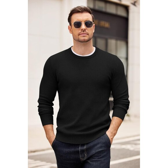 Men's Crewneck Sweaters Dress Long Sleeves Pullover Sweater Knit All Black - Picture 2 of 6